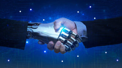 AI robot and human shaking hands in 2025